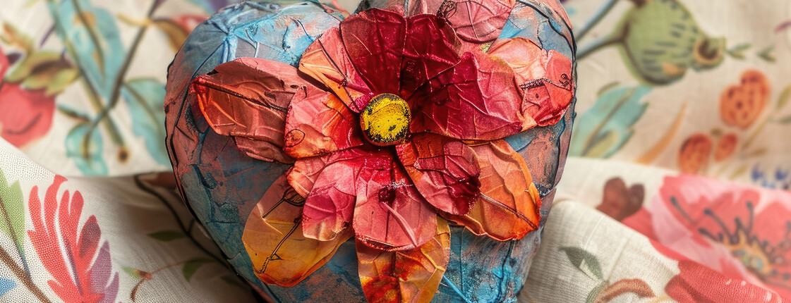 Bunt gestaltetes Herz aus Pappmaché mit großer Blüte als Kreativarbeit zum Weltalzheimertag.
