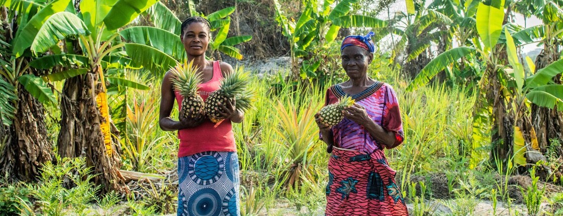 Zwei Frauen in traditioneller Kleidung stehen in einem tropischen Anbaugebiet in der DR Kongo und halten Ananas. Das Bild zeigt die Rolle von Frauen in der landwirtschaftlichen Entwicklung im Rahmen des RECAPTER-Projekts.