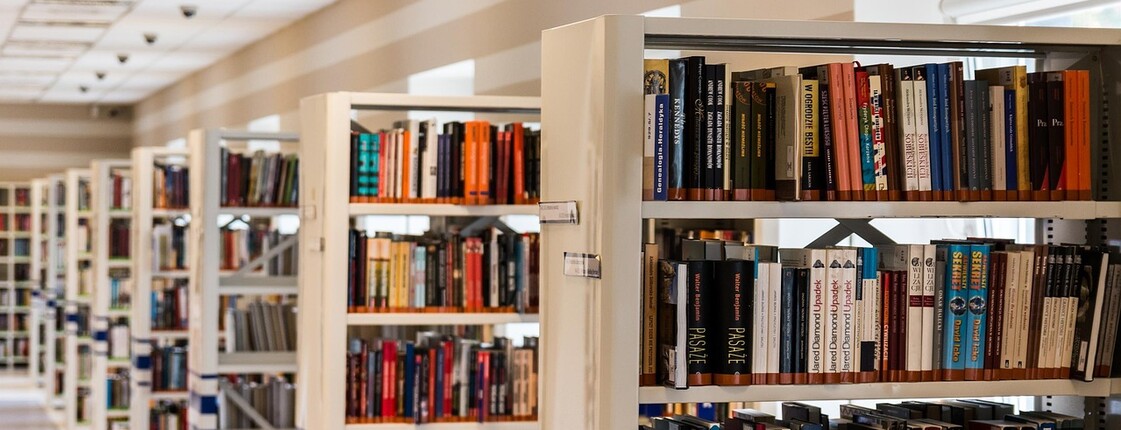Mehrere Regale gefüllt mit Büchern in einer Bibliothek.