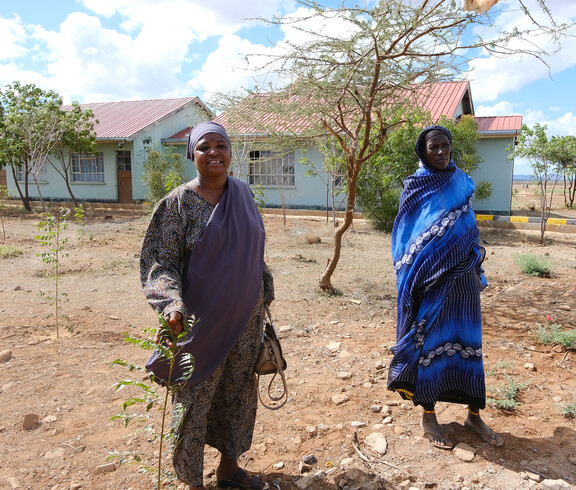 Zwei afrikanische Frauen stehen bei frisch gepflanzten Bäumen auf trockenem afrikanischem Boden.
