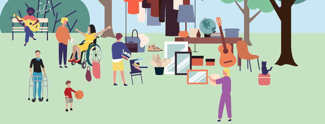 Illustration Park mit Bäumen, Flohmarktstand, buntes Treiben, Menschen mit und ohne Behinderung 