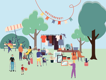 Illustration Park mit Bäumen, Flohmarktstand, buntes Treiben, Menschen mit und ohne Behinderung 