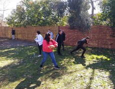 Mehrere Personen spielen gemeinsam mit einem Ball im Freien auf einer Wiese.