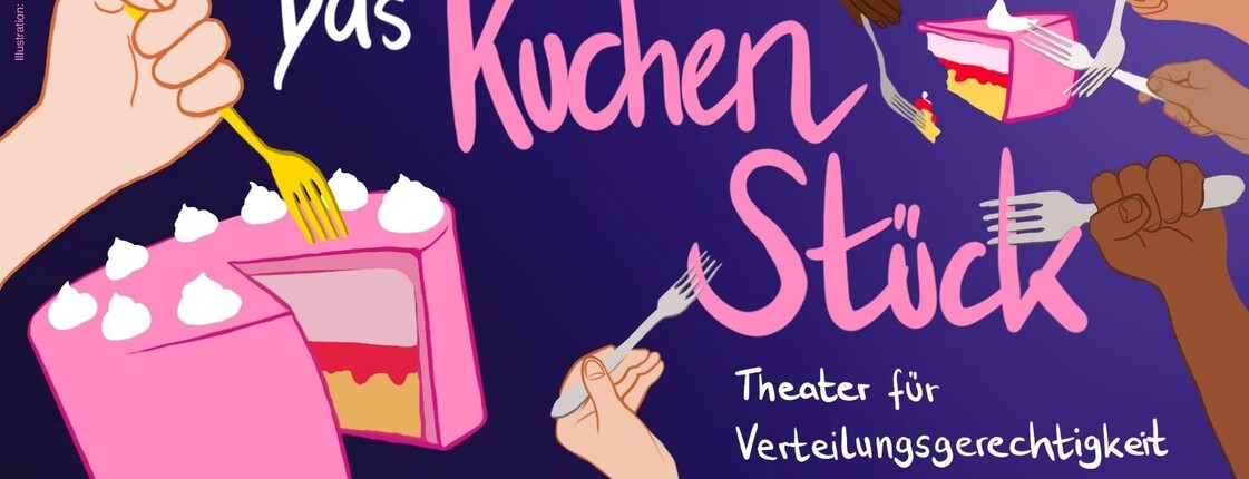 Eine Illustration auf der ein Kuchen und Hände die Gabeln halten zu sehen ist.