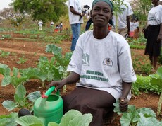 Eine südsudanesische Frau kniet am Boden vor angebautem Gemüse. Eine Giesskanne ist in ihrer Hand.