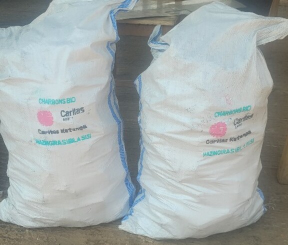 Biokohlebriketts werden als klimafreundliche Energiequelle von der Caritas an Haushalte verteilt  Zwei große weiße Säcke mit Biokohlebriketts stehen nebeneinander auf dem Boden.