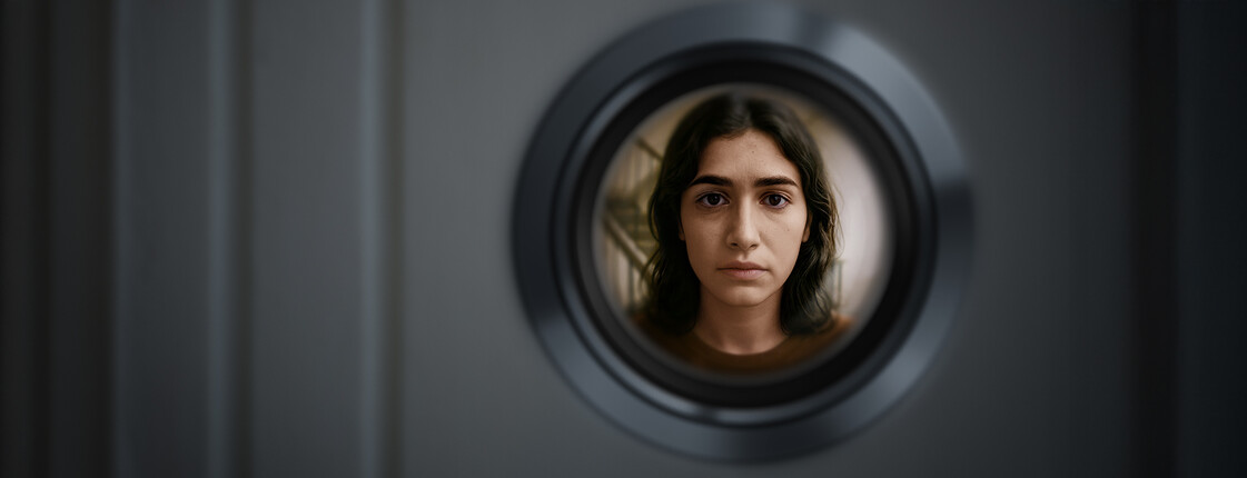 Junge Frau mit ernstem Blick steht vor einer Wohnungstür, Symbol für Frauen die in Armut leben