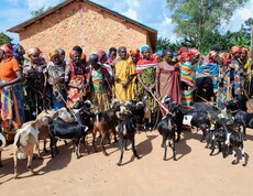 Eine Gruppe burundischer Frauen steht nebeneinander, einige Frauen halten eine Ziege in der Hand, welche vor ihr steht. 