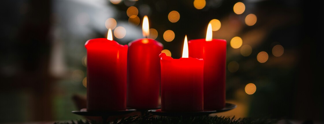 Vier rote, brennende Adventkerzen stehen vor einem beleuchteten Weihnachtsbaum.