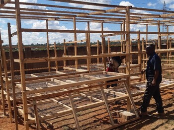 Ein wichtiger Beitrag zur nachhaltigen Energieversorgung in Lubumbashi Mehrere Personen arbeiten an einer großen Holzkonstruktion mit Trockengestellen im Freien.