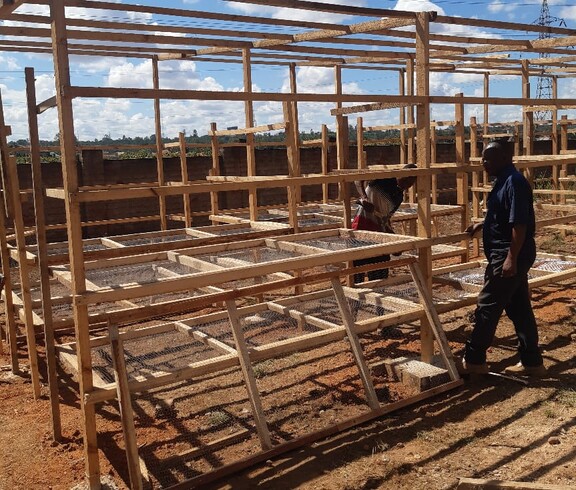 Ein wichtiger Beitrag zur nachhaltigen Energieversorgung in Lubumbashi  Mehrere Personen arbeiten an einer großen Holzkonstruktion mit Trockengestellen im Freien.