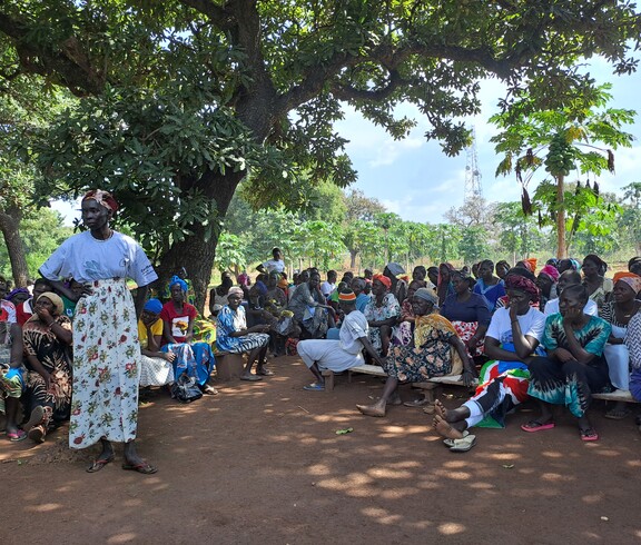 Links steht eine südsudanesische Frau vor einer Gruppe südsudanesischer Frauen, welche in Reihen unter Bäumen sitzen.. 