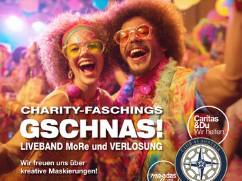 Ein Mann und ein Herr verkleidet als Hippies tanzen. Auf dem Bild zu lesen Charity-Faschings-Gschnas.