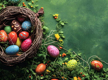 braunes Osterkörbchen gefüllt mit bunten Ostereiern auf grünem Hintergrund