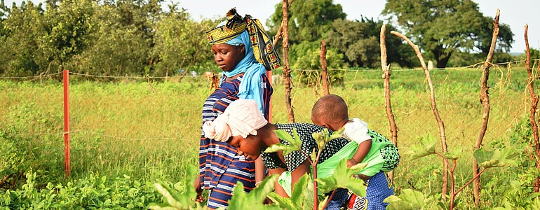 Zwei Frauen in bunten Kleidern, eine trägt ein Baby in einem Tuch auf dem Rücken, stehen in einem Gemüsefeld.