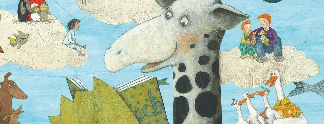 Eine bunte Kinder-Illustration von Vorlesepaten mit Giraffe und Kind, Plaudertaschen und Lesetiger von Helga Bansch