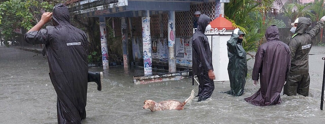 Menschen stehen im Hochwasser